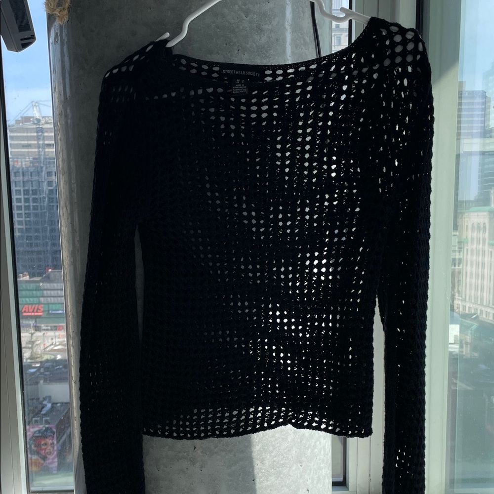 Streetwear Society Black Open-Weave Crochet Sweater